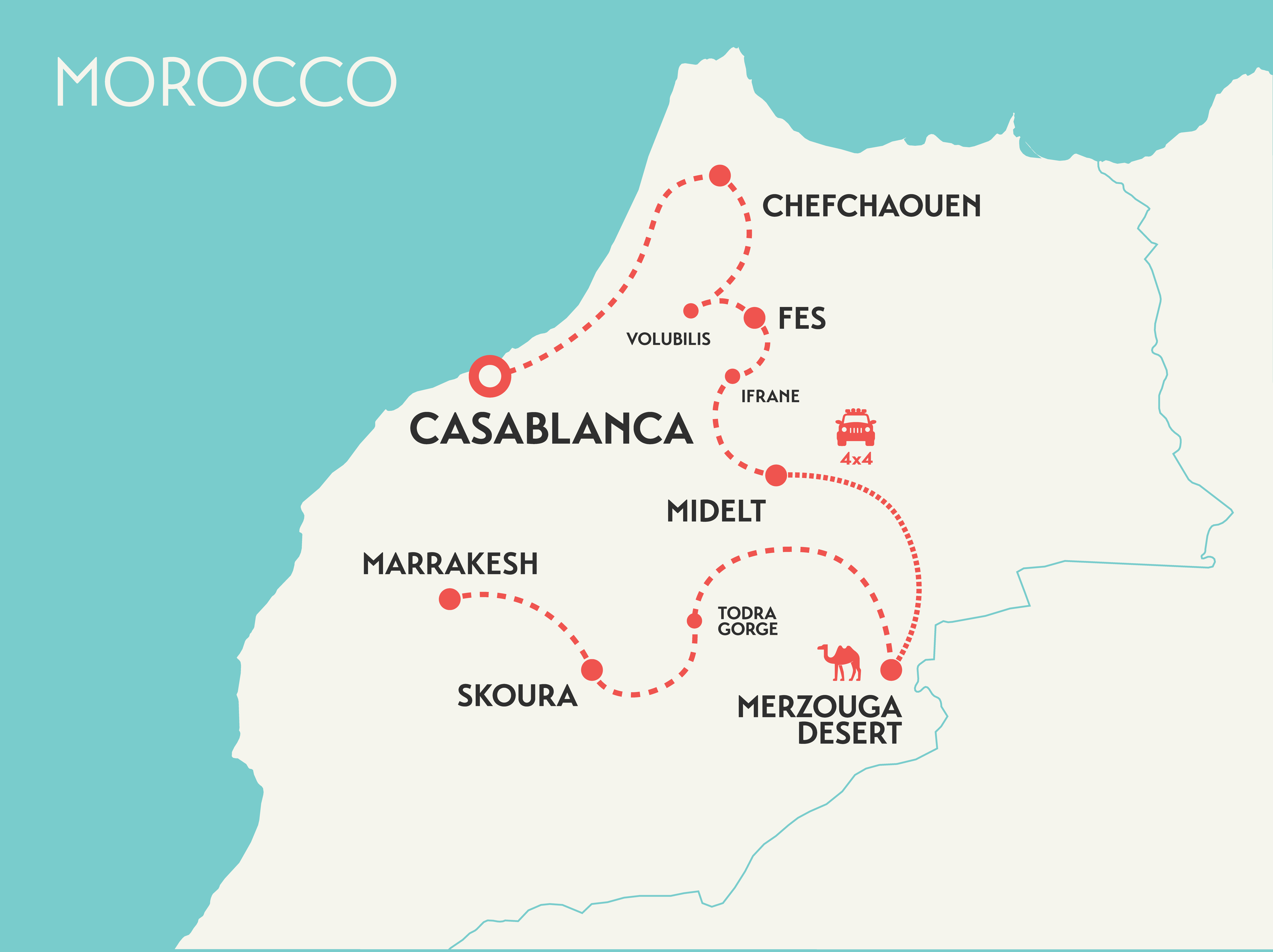 solo female travel tour map of Morocco
