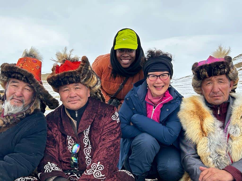 selfie with eagle hunters in mongolia