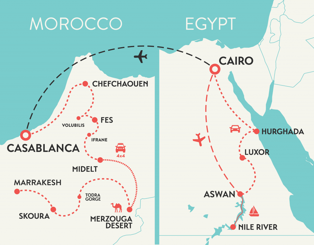 women only tour map of Egypt and Morocco