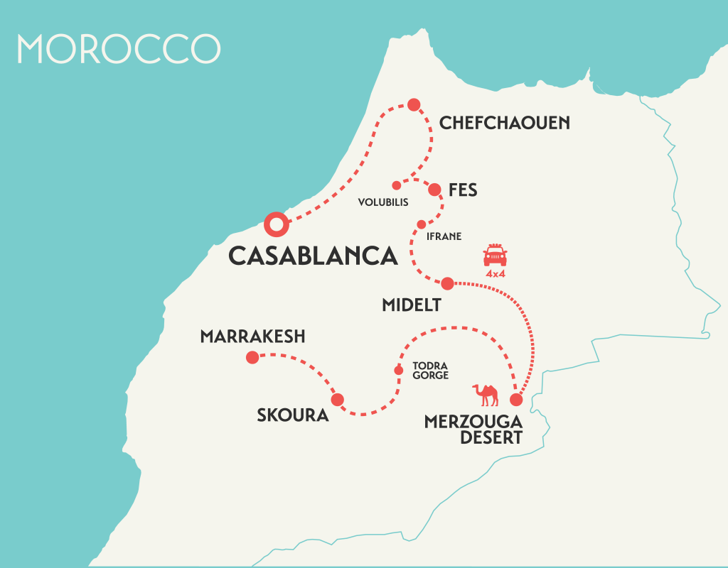 solo female travel tour map of Morocco