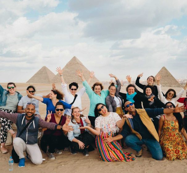 group photo at the pyramids Egypt Female Network Tours