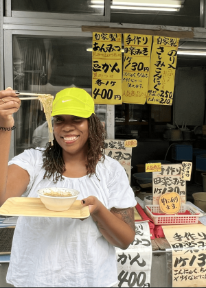 Japan food tour on women only tour girl eating noodles