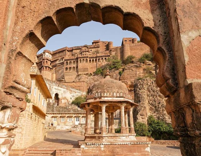 Visit the red sandstone Mehrangarh Fort, four hundred feet above the sky line of Jodhpur