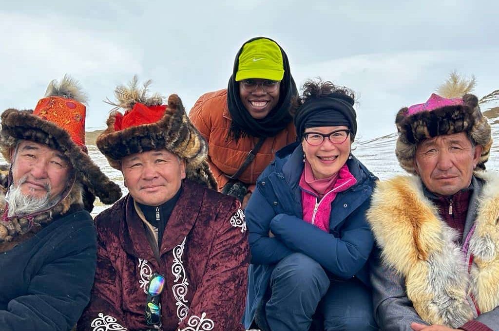 selfie with eagle hunters in mongolia